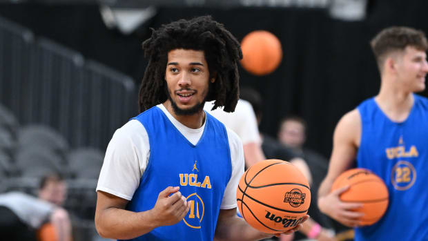 Mar 22, 2023; Las Vegas, NV, USA; UCLA Bruins guard Tyger Campbell (10) during practice at T-Mobile Arena. Mandatory Credit: Candice Ward-USA TODAY Sports